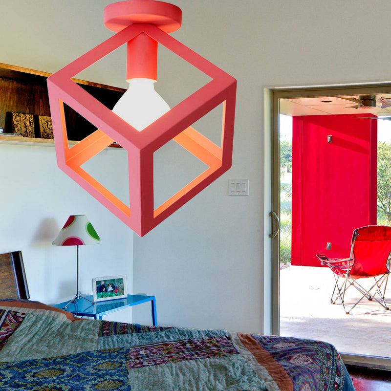 1 Light Squared Ceiling Mounted Light with Wire Guard Loft Style Black/Gray Metallic Semi-Flush Lighting for Bedroom