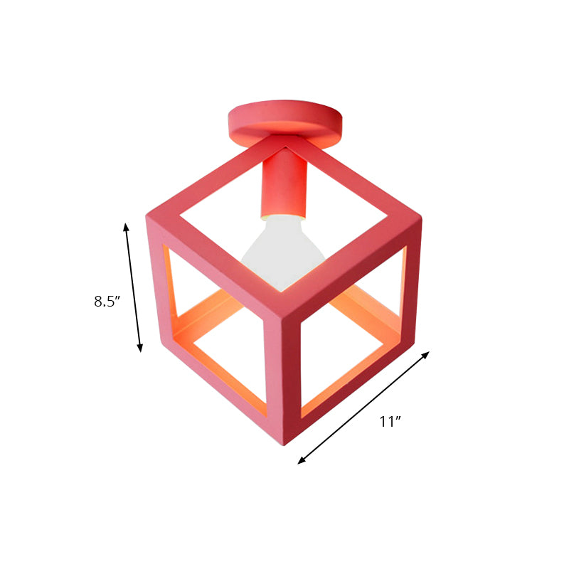 1 Light Squared Ceiling Mounted Light with Wire Guard Loft Style Black/Gray Metallic Semi-Flush Lighting for Bedroom