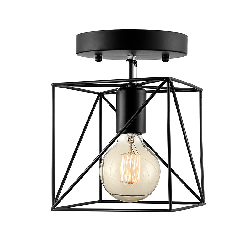 Lámpara de techo cuadrada de estilo industrial con marco de alambre, luz semi empotrada de metal de 1 cabezal en negro