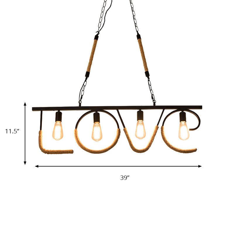 Open Bulb Metal and Rope Island Lamp with LOVE Design Industrial 4 Bulbs Restaurant Island Lighting in Beige