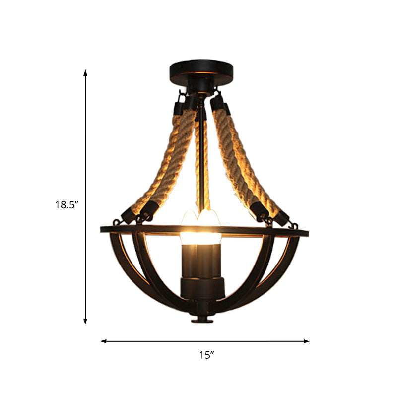 Luz de montaje semiempotrada en jaula de cuenco negra Lodge Metal 3 luces comedor cerca de la luz del techo con cuerda para colgar
