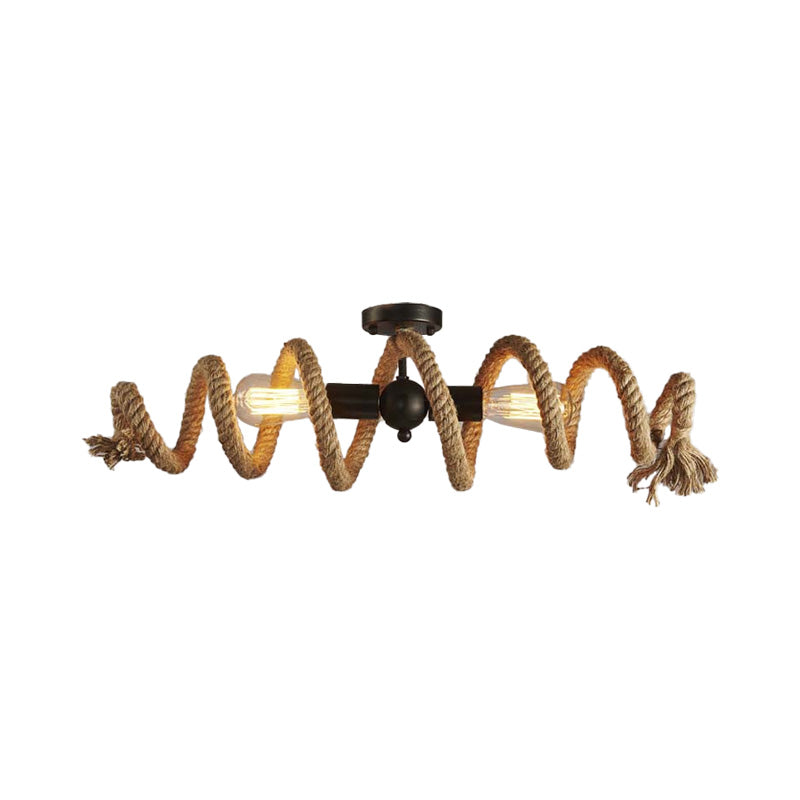 2-Light Swirl Semi Flush Mount Lighting with Open Bulb Industrial Black Metal and Hemp Rope Ceiling Light Fixture