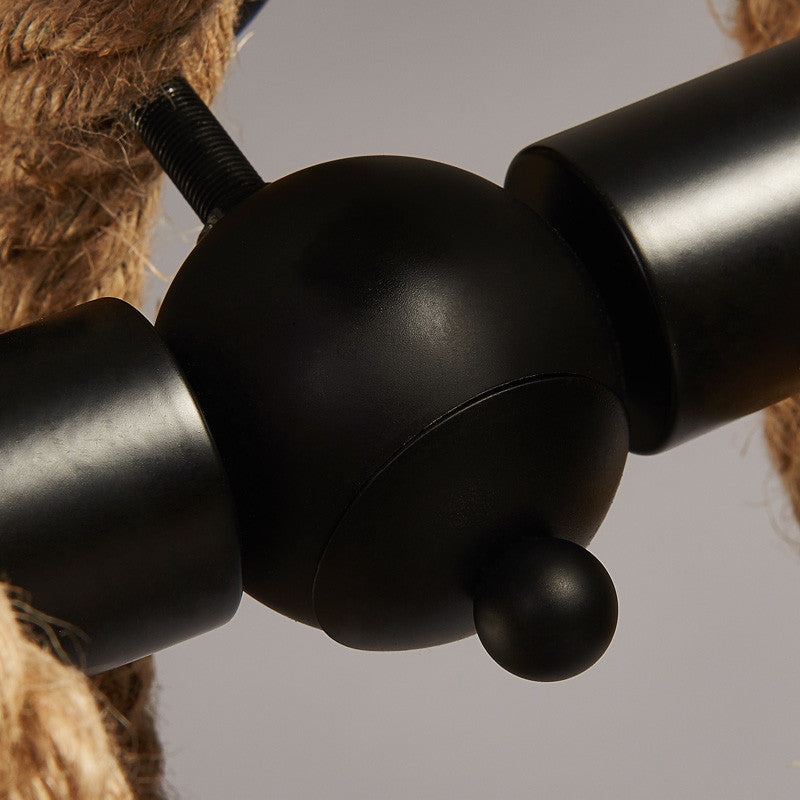 2-Iluminación de montaje en semi-ras de remolino de luz con metal negro industrial abierto y lámpara de techo de techo de cuerda de cáñamo