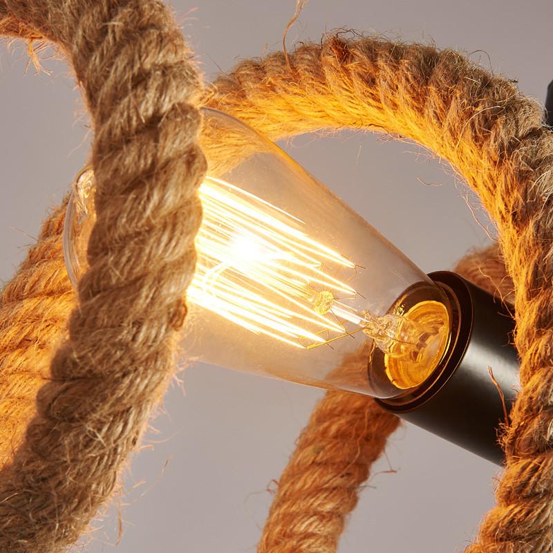 2-Light Swirl Semi Flush Mount Lighting with Open Bulb Industrial Black Metal and Hemp Rope Ceiling Light Fixture