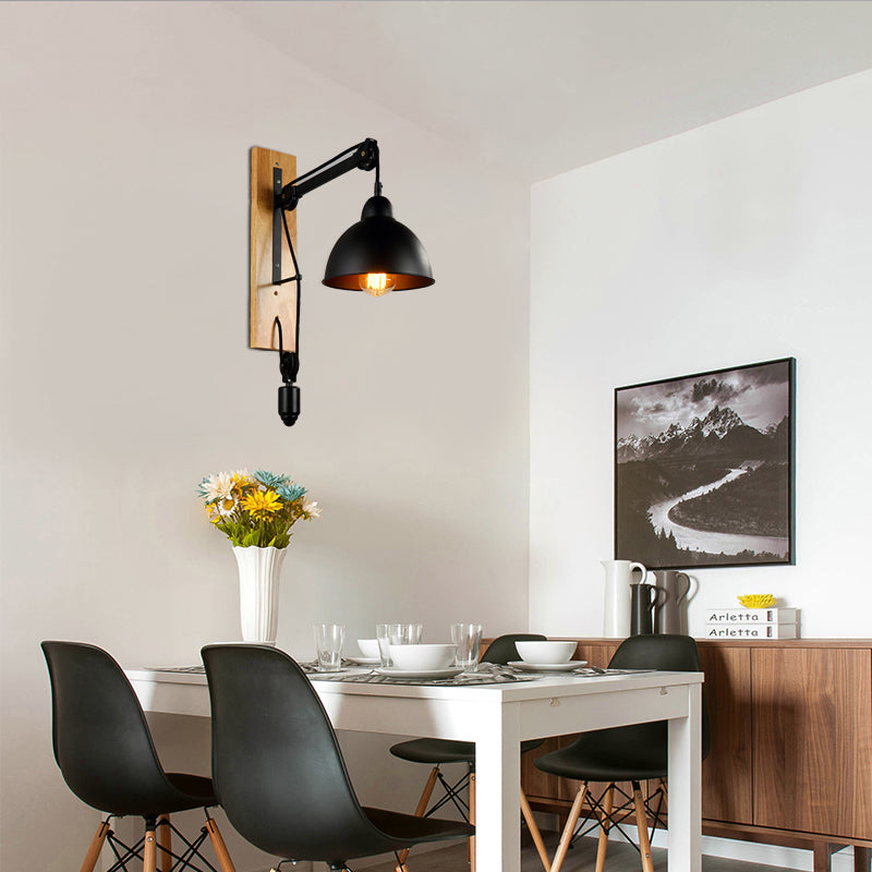 Domed Indoor Wall Mount Light Industrial Metal 1 Head Black Sconce Light with Beige/Brown Wood Backplate and Pulley