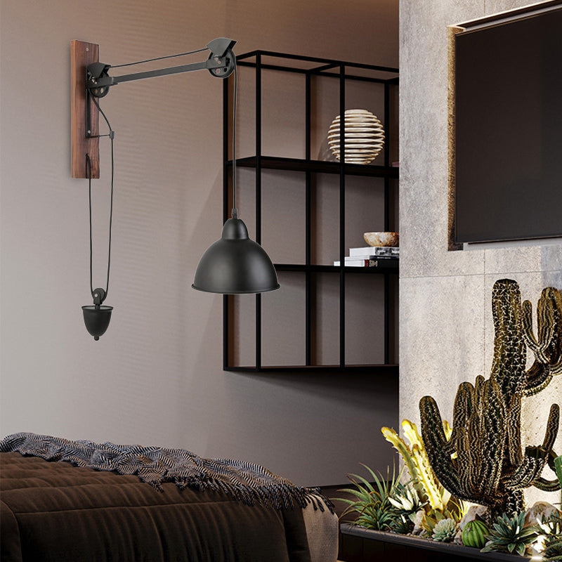 Domed Indoor Wall Mount Light Industrial Metal 1 Head Black Sconce Light with Beige/Brown Wood Backplate and Pulley