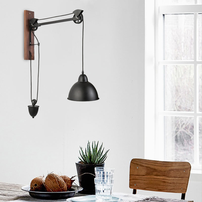 Domed Indoor Wall Mount Light Industrial Metal 1 Head Black Sconce Light with Beige/Brown Wood Backplate and Pulley