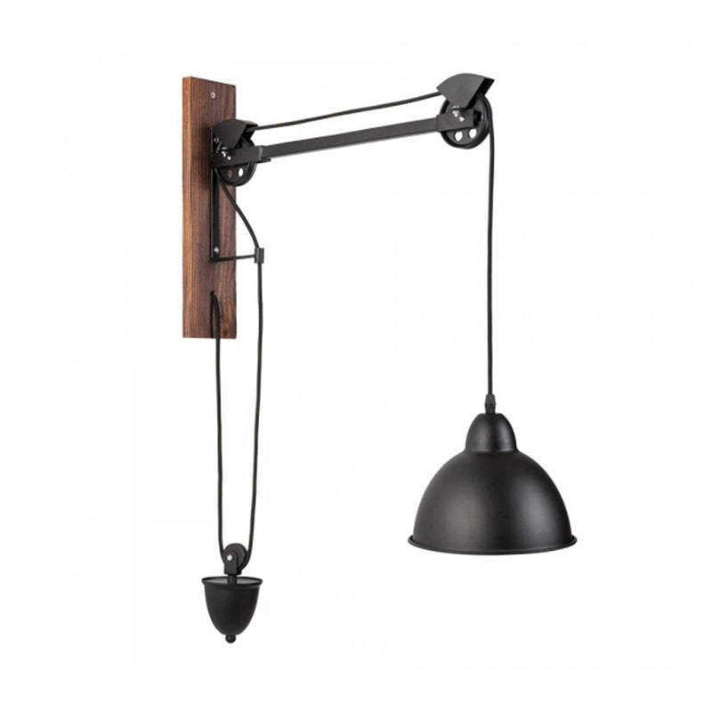 Domed Indoor Wall Mount Light Industrial Metal 1 Head Black Sconce Light with Beige/Brown Wood Backplate and Pulley