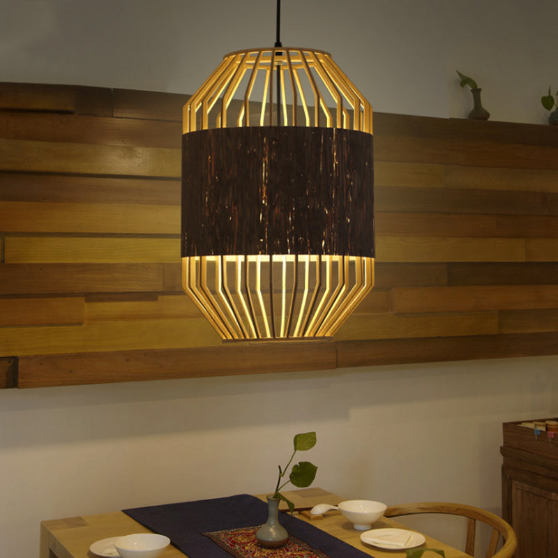 Countryside Cylindrical Ceiling Lighting Bamboo and Wood 1 Bulb Beige Pendant Lamp for Dining Table