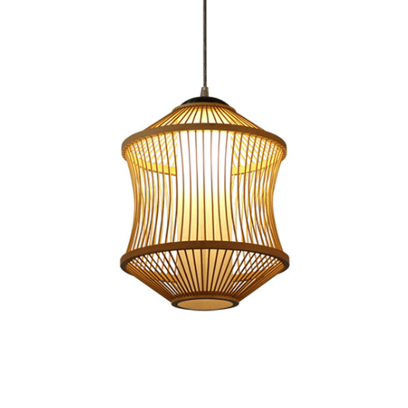 1 Head Restaurant Ceiling Lamp with Cylinder Bamboo Shade Asian Style Beige Hanging Light Fixture