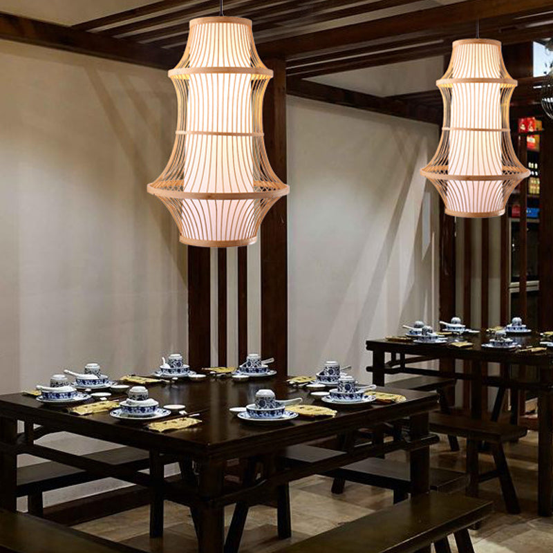 1 restaurante ligero que colgaba con luz con tono de bambú con forma de jaula lámpara colgante de beige modernista