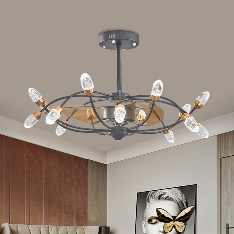 Black 15 têtes Semi Flush Traditional Bubble Crystal Shade Bent Arm Arm Pendante Fans Fan Lampe avec 3 lames, 35,5 "de largeur