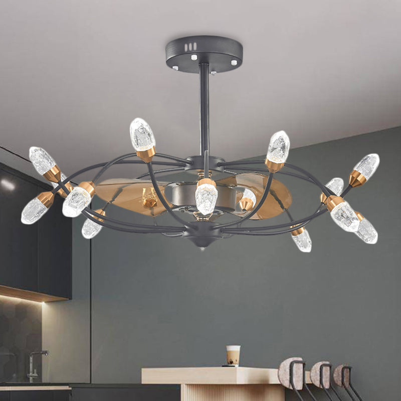 Black 15 têtes Semi Flush Traditional Bubble Crystal Shade Bent Arm Arm Pendante Fans Fan Lampe avec 3 lames, 35,5 "de largeur