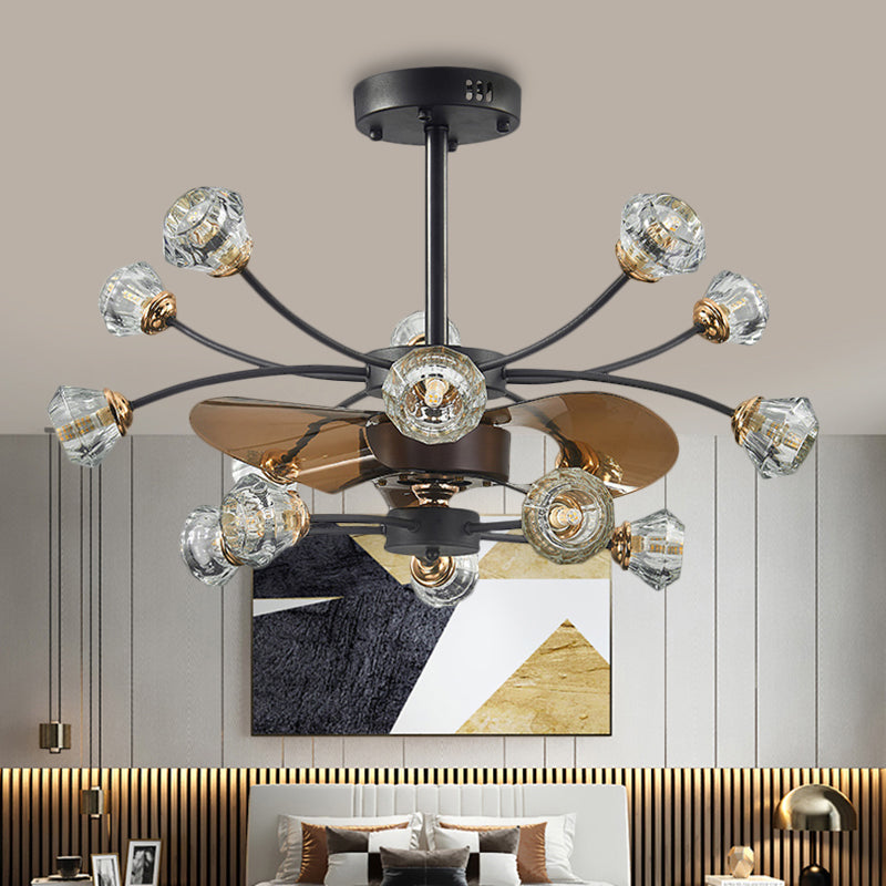 Black 14 Bulbes Semi Flush Light Traditional Crystal Diamond Shade Scrolls 3 Blades Pendant Fan Lampe, 31,5 "Largeur