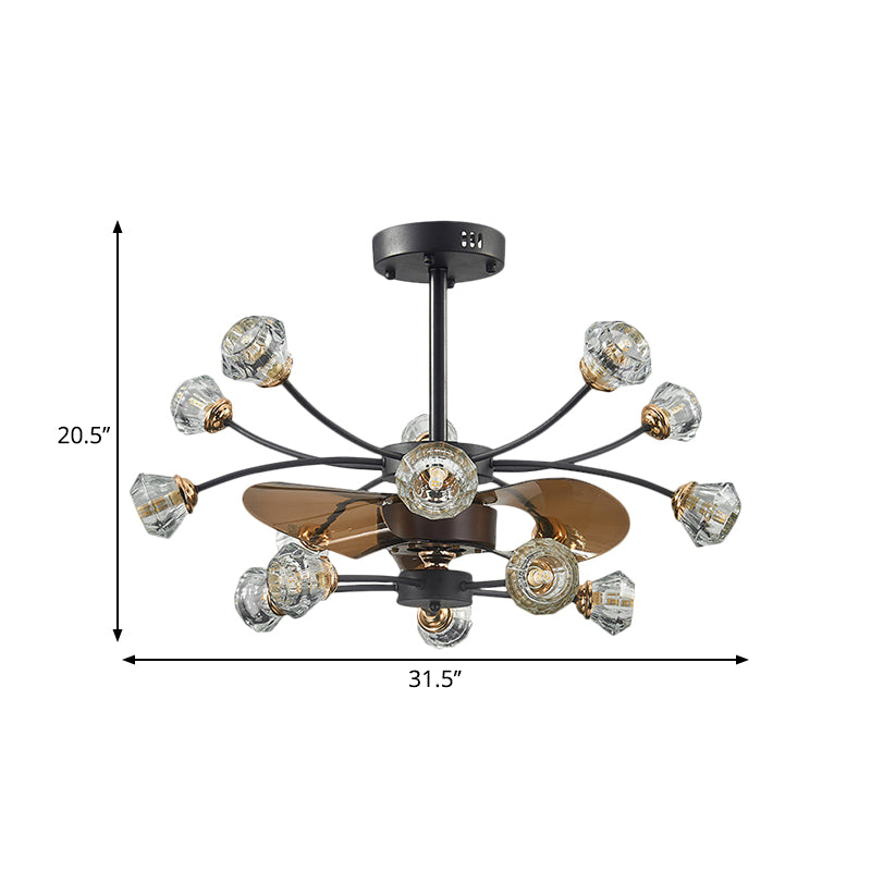 Black 14 Bulbes Semi Flush Light Traditional Crystal Diamond Shade Scrolls 3 Blades Pendant Fan Lampe, 31,5 "Largeur