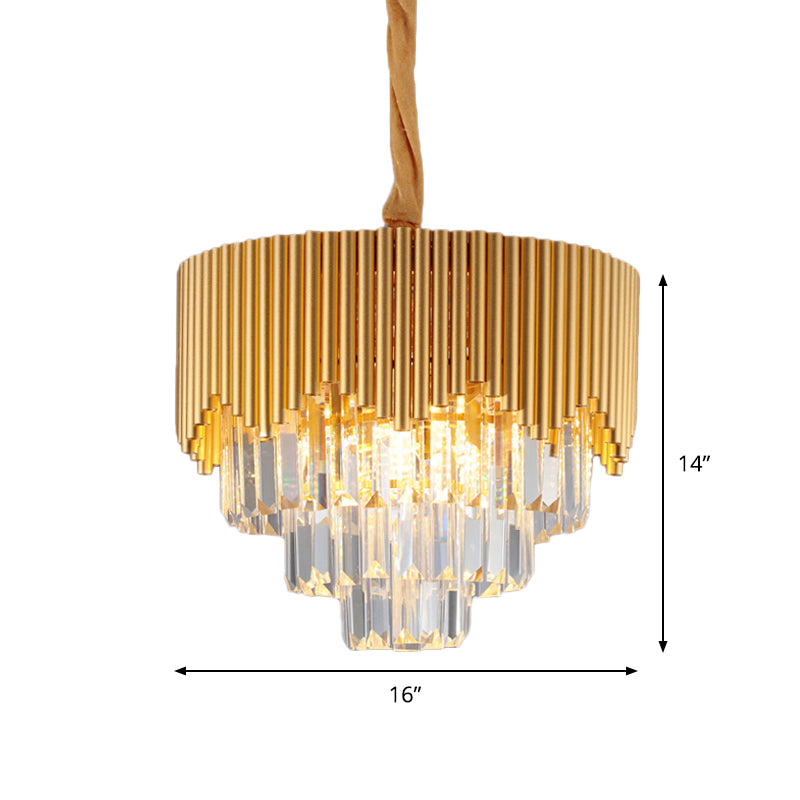 4/6/8 Heads Clear Crystal Prisms Chandelier Modern Gold Finish Tapered Great Room Suspension Pendant, 16"/19.5"/23.5" Wide
