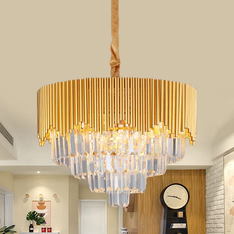 4/6/8 Heads Clear Crystal Prisms Chandelier Modern Gold Finish Tapered Great Room Suspension Pendant, 16"/19.5"/23.5" Wide
