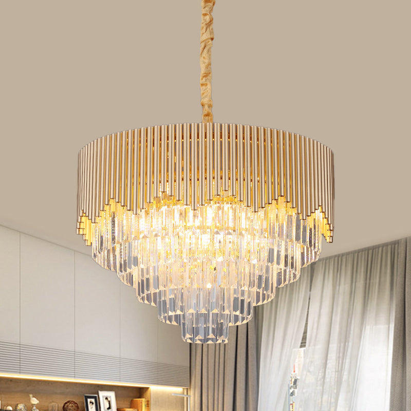 4/6/8 Heads Clear Crystal Prisms Chandelier Modern Gold Finish Tapered Great Room Suspension Pendant, 16"/19.5"/23.5" Wide