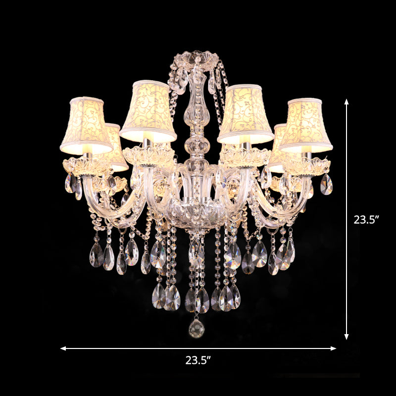 Chandelier à morsure floral blanc Travalage traditionnel 8 têtes Pendre salle à manger avec des gouttelettes en cristal transparent