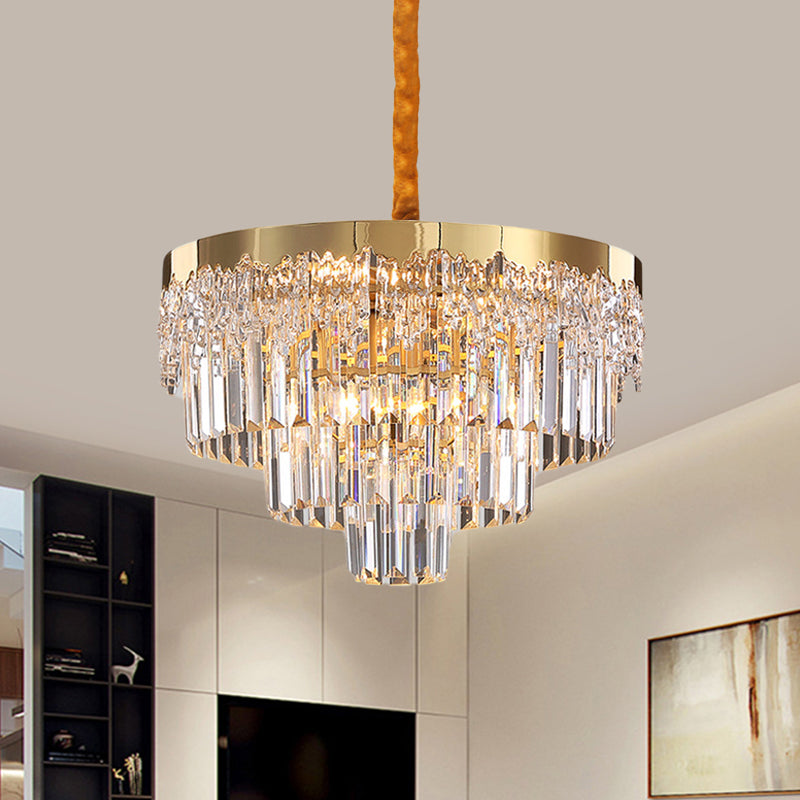 Gouden afwerking 6/10 lampen Kroonluchter Moderne Clear Crystal Blocks Tapered Suspension Lighting, 19 "/23.5" Breedte