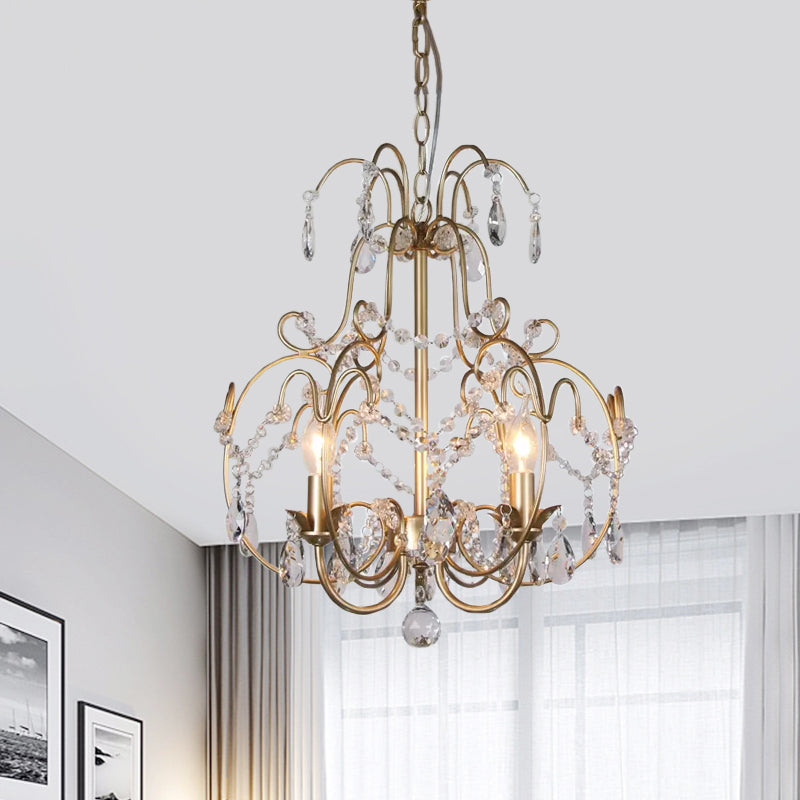Clear Crystal Beads Gold Chandelier Lantern 3 Bulbs Contemporary Suspended Lighting Fixture