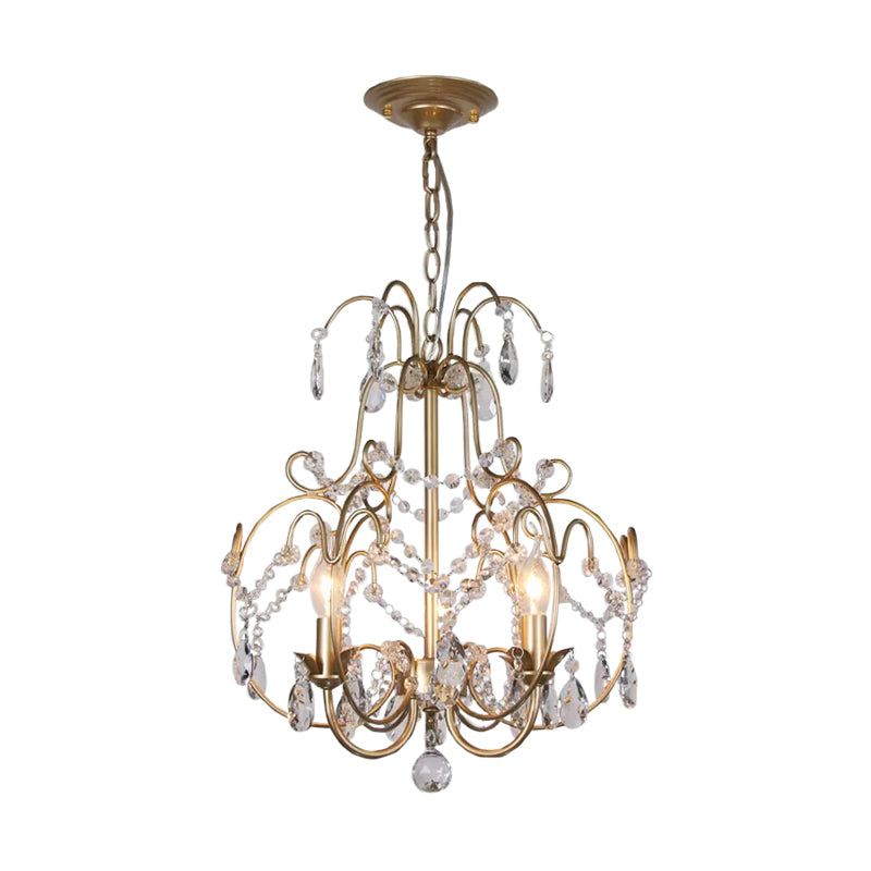 Clear Crystal Beads Gold Chandelier Lantern 3 Bulbs Contemporary Suspended Lighting Fixture