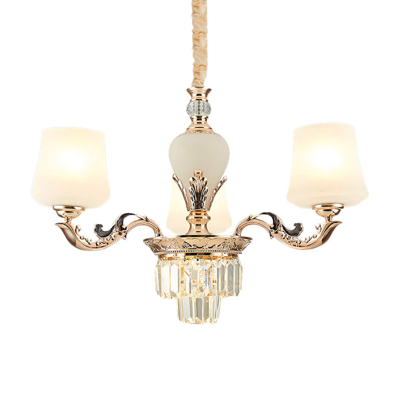 3/6 têtes légère de plafond avec nuance effilée en verre blanc lampe à lustre de chambre à coucher traditionnelle en or
