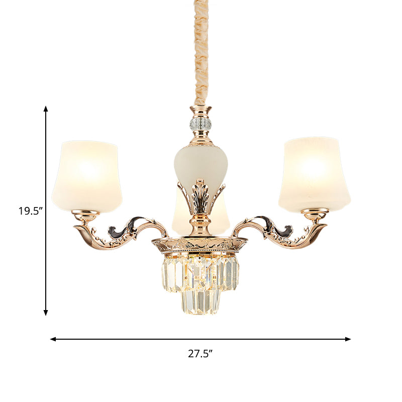 3/6 têtes légère de plafond avec nuance effilée en verre blanc lampe à lustre de chambre à coucher traditionnelle en or