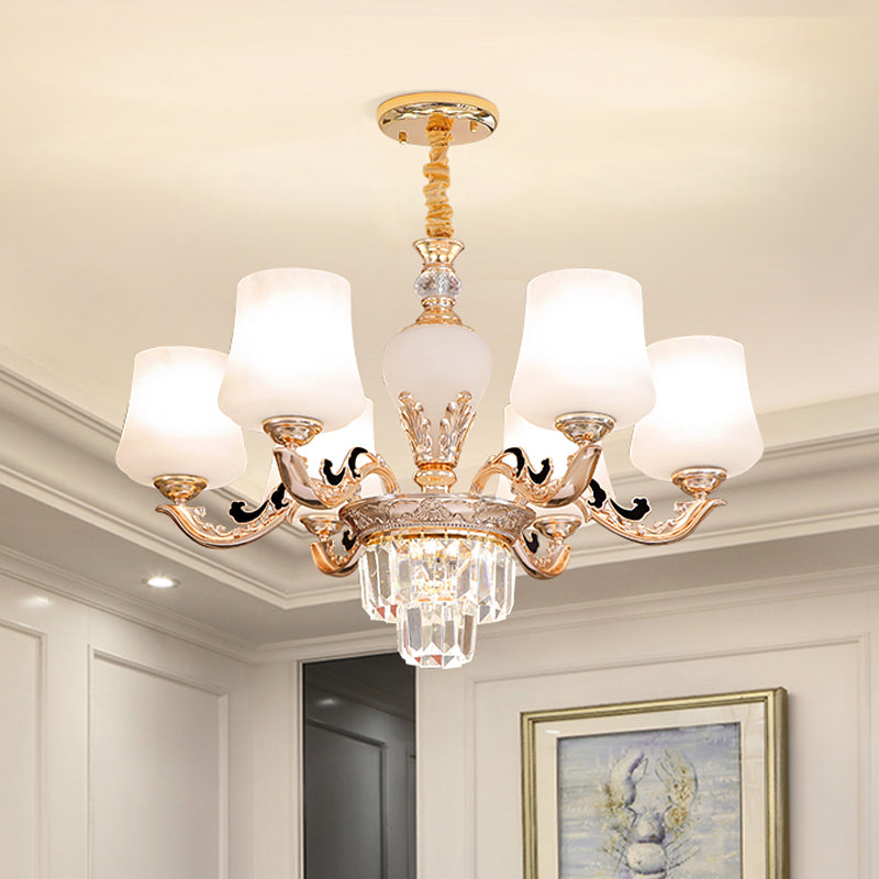 3/6 têtes légère de plafond avec nuance effilée en verre blanc lampe à lustre de chambre à coucher traditionnelle en or