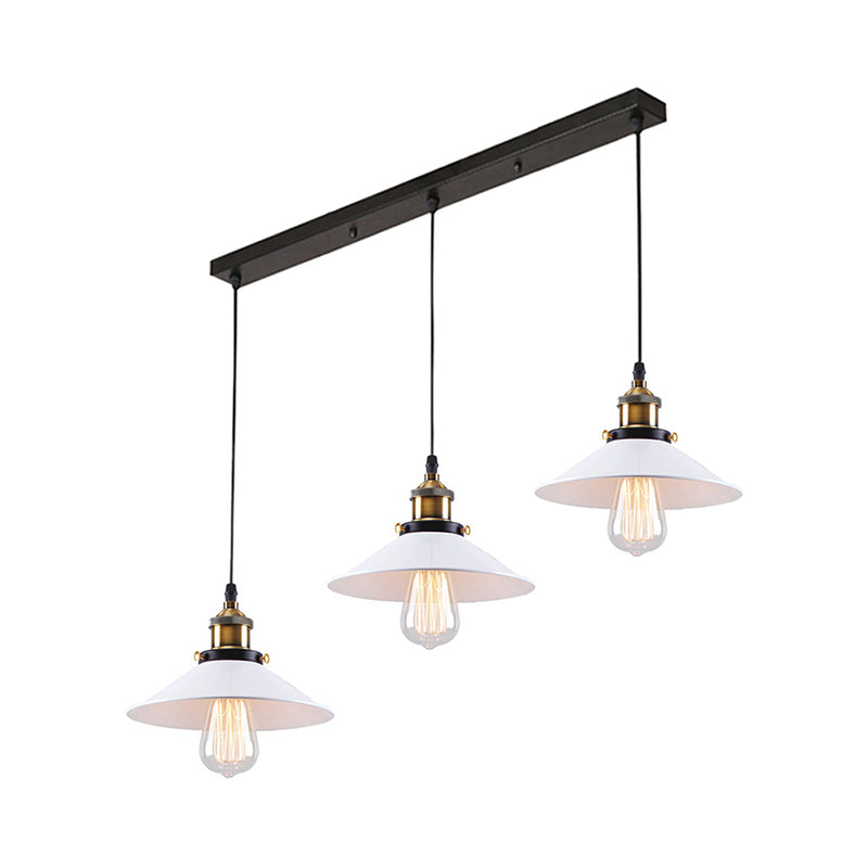 White Conic Ceiling Pendant Industrial Style Metallic 3 Heads Indoor Hanging Light with Linear/Round Canopy