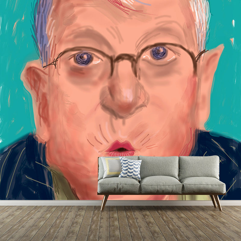 Large Self-Portrait Wall Mural Decal Orange-Blue Non-Woven Wall Covering, Stain-Proof, Custom Size