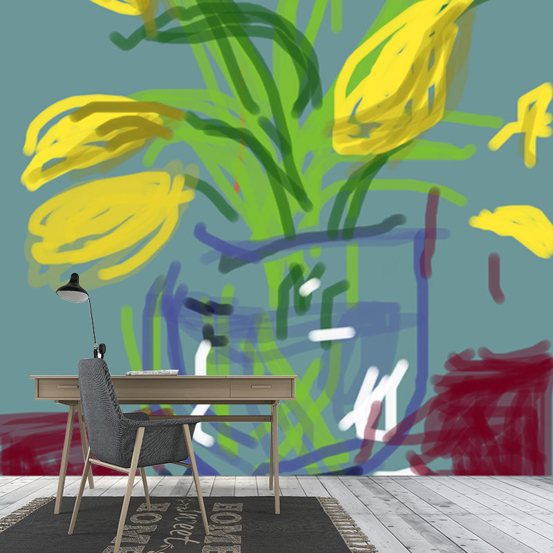 Large Still Life Flower Mural in Yellow-Green Non-Woven Wall Decor, Washable, Made to Measure
