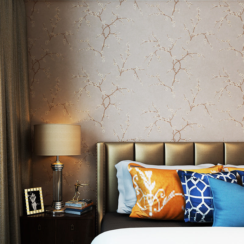 Plum Flower Wallpaper Roll Country Style Non-Woven Cloth Wall Decor in Light Color