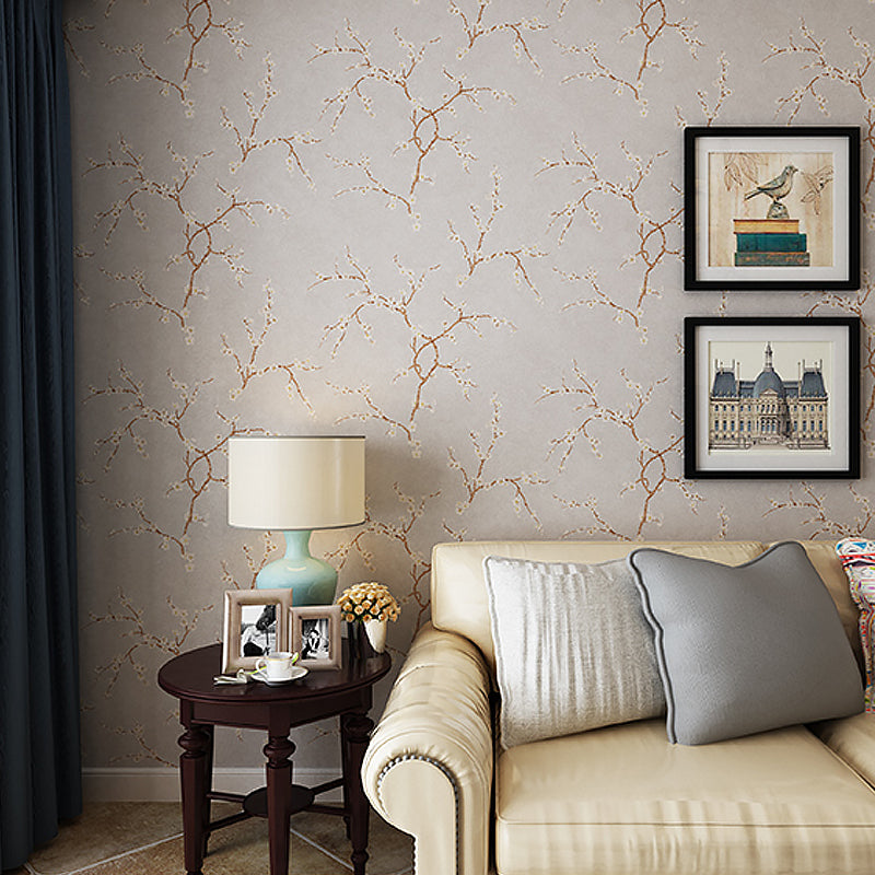 Plum Flower Wallpaper Roll Country Style Non-Woven Cloth Wall Decor in Light Color