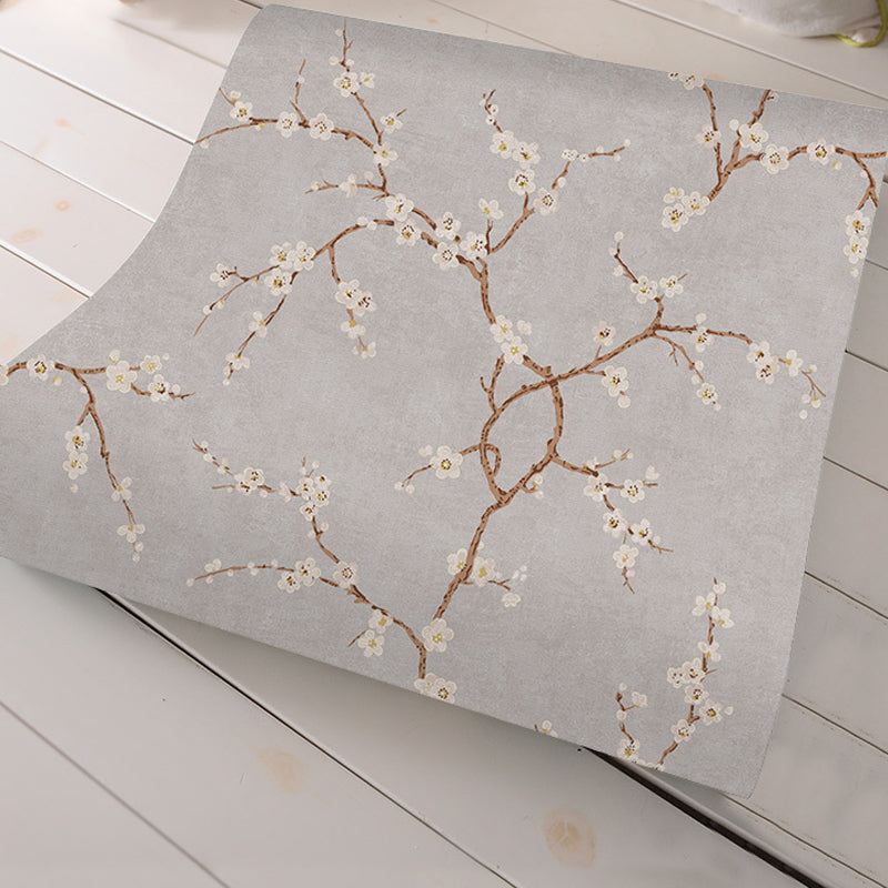Plum Flower Wallpaper Roll Country Style Non-Woven Cloth Wall Decor in Light Color