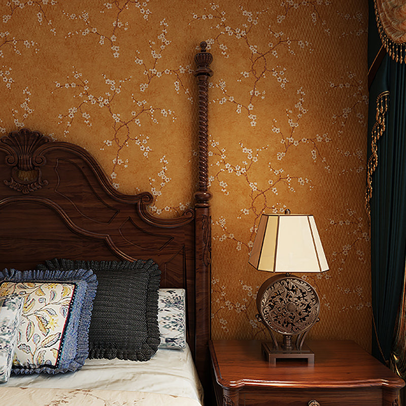Plum Flower Wallpaper Roll Country Style Non-Woven Cloth Wall Decor in Light Color
