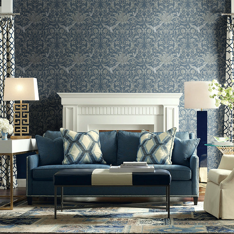Bird and Flower Print Wallpaper Dark Blue Countryside Wall Covering for Accent Wall