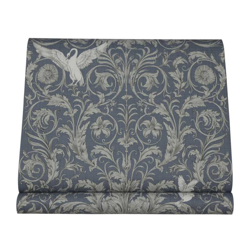 Bird and Flower Print Wallpaper Dark Blue Countryside Wall Covering for Accent Wall