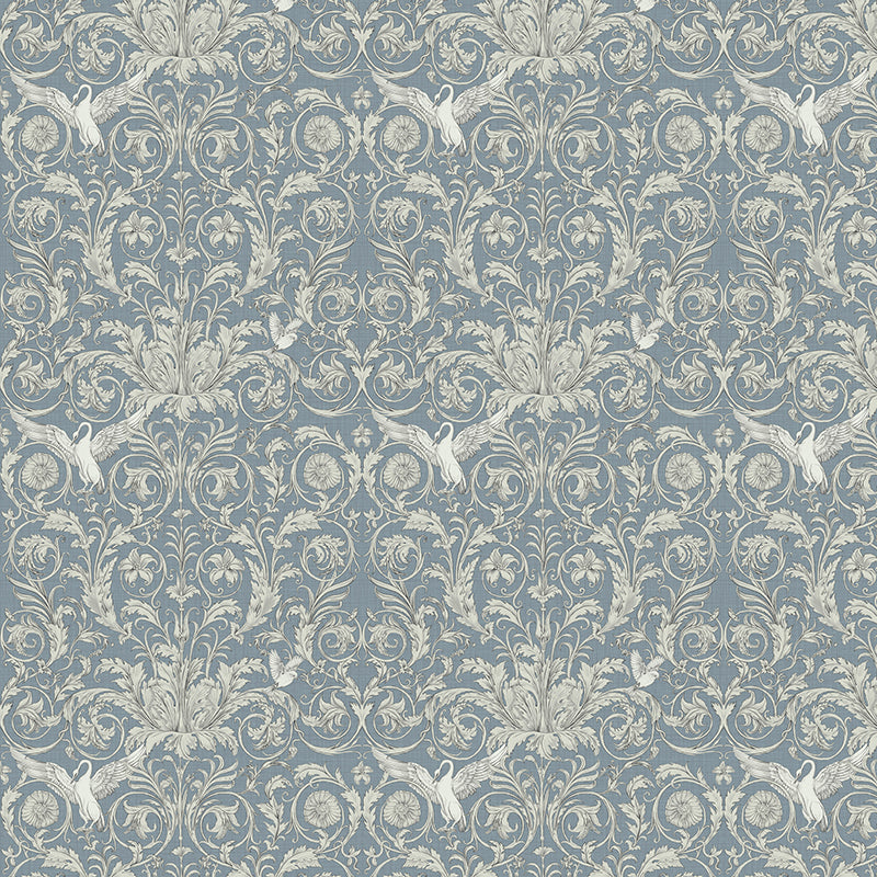 Bird and Flower Print Wallpaper Dark Blue Countryside Wall Covering for Accent Wall
