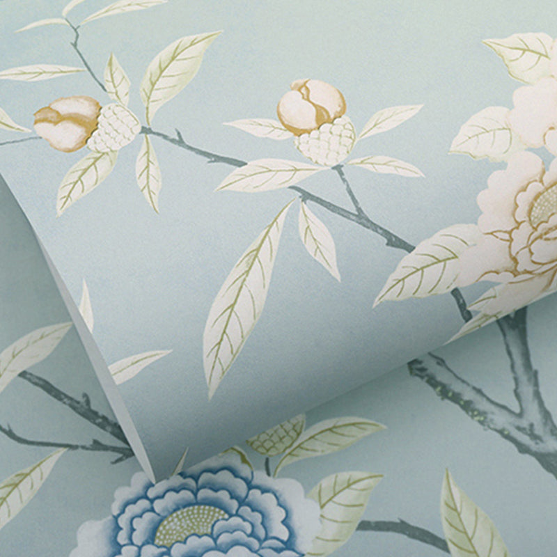 Sky Blue Rustic Wallpaper Roll 63.3-sq ft Blooming Flower Tress Wall Art for Bedroom