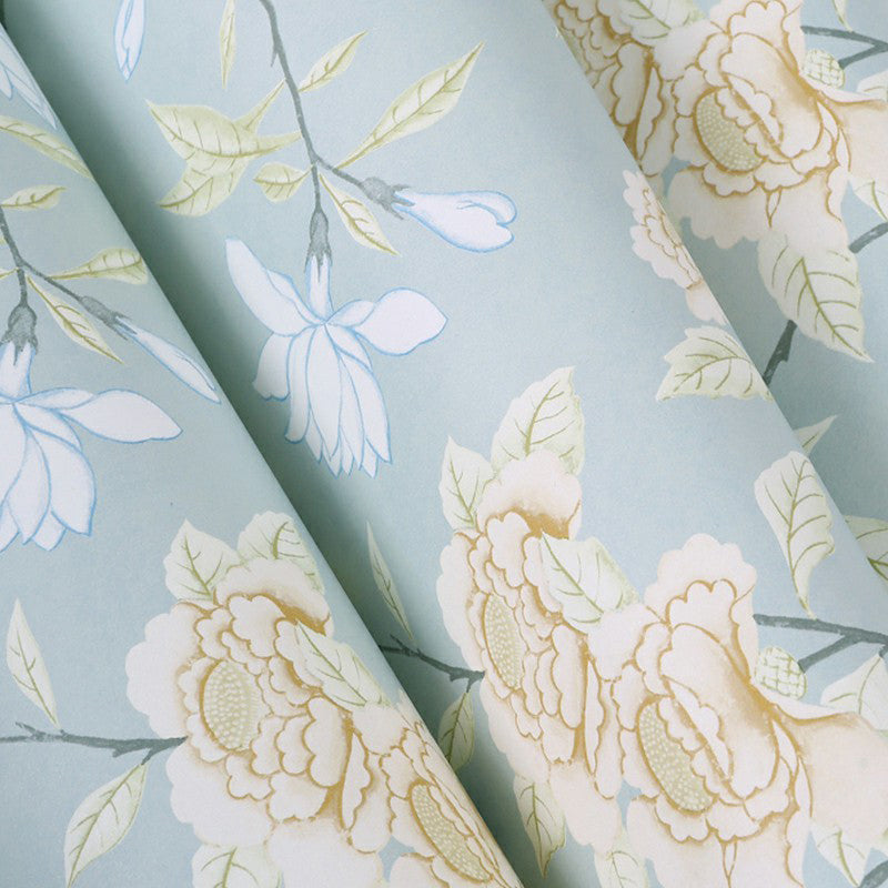 Sky Blue Rustic Wallpaper Roll 63.3-sq ft Blooming Flower Tress Wall Art for Bedroom