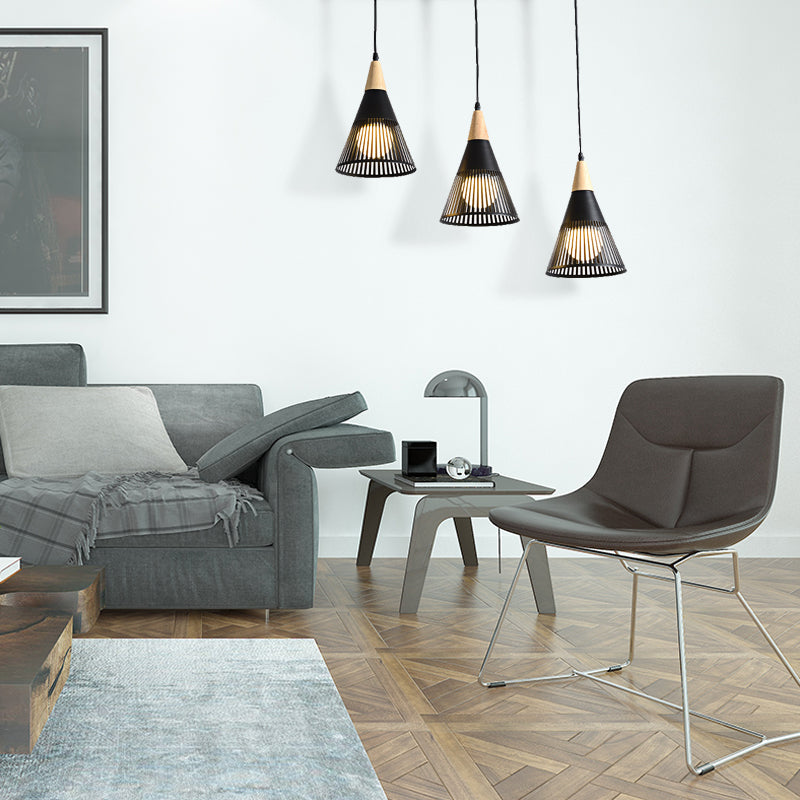 Luz de techo de cono nórdico 3 cabezas de metal y iluminación colgante de madera con marco de alambre y dosel lineal/redondo en negro/blanco
