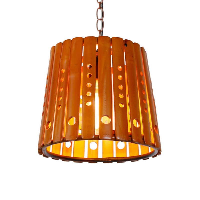 Barrel Pendant Light Fixture Modern Wood 1 Light Dining Room Hanging Light in Brown