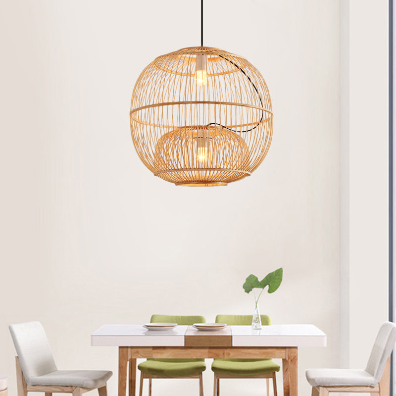 Bamboo Global Shade Pendant Lighting Contemporary Style 2 Lights Beige Hanging Lamp for Restaurant, 14"/16" W