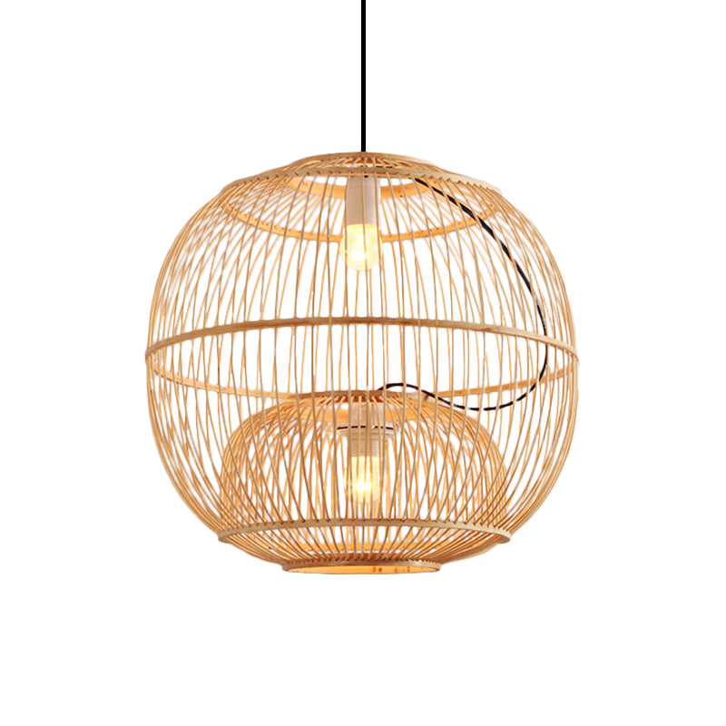 Bamboo Global Shade Pendant Lighting Contemporary Style 2 Lights Beige Hanging Lamp for Restaurant, 14"/16" W