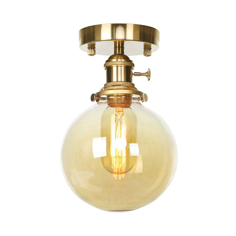 Brass One Bulb Ceiling Lighting Farmhouse Clear/Amber Glass Globe Semi Flush Light for Dining Room