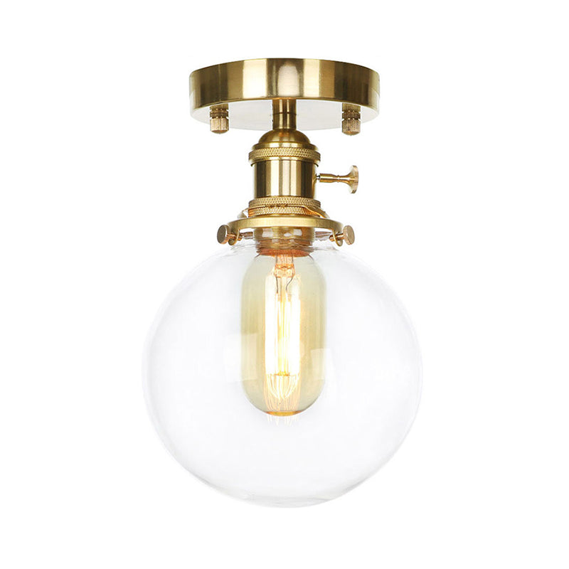 Brass One Bulb Ceiling Lighting Farmhouse Clear/Amber Glass Globe Semi Flush Light for Dining Room