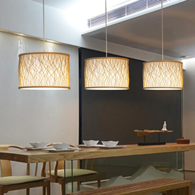 Japanese 1-Light Pendant Light Fixture with Hand-Woven Bamboo Beige Drum Shade Hanging Lamp for Restaurant