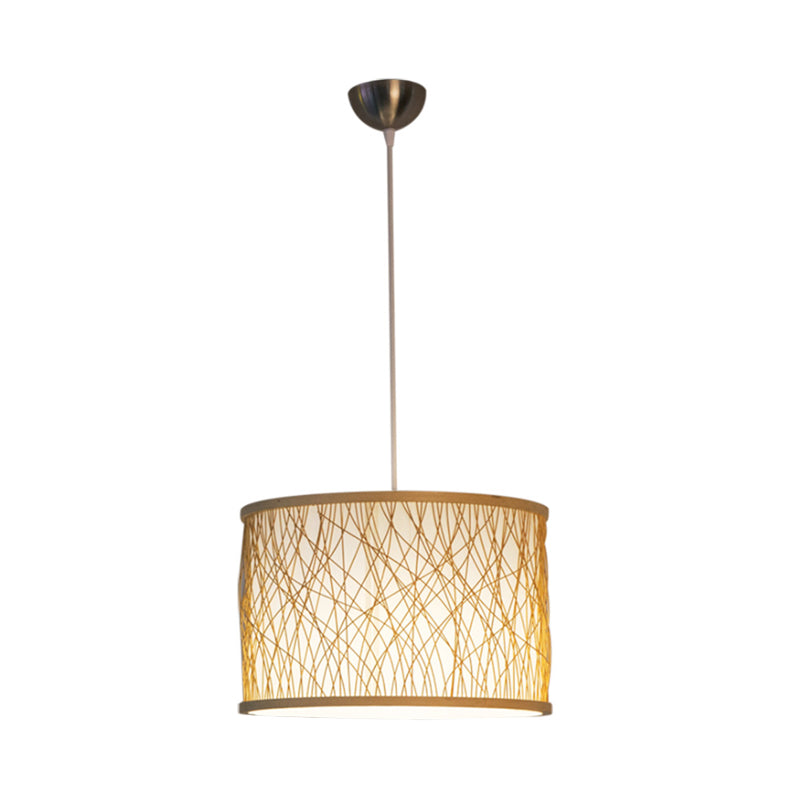 Japanese 1-Light Pendant Light Fixture with Hand-Woven Bamboo Beige Drum Shade Hanging Lamp for Restaurant