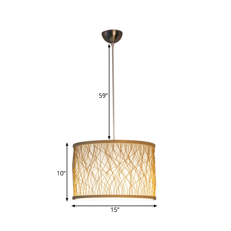 Japanese 1-Light Pendant Light Fixture with Hand-Woven Bamboo Beige Drum Shade Hanging Lamp for Restaurant